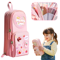 3-Layer Pink Pencil Pouch for Kids