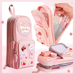3-Layer Pink Pencil Pouch for Kids