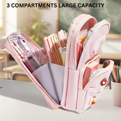 3-Layer Pink Pencil Pouch for Kids