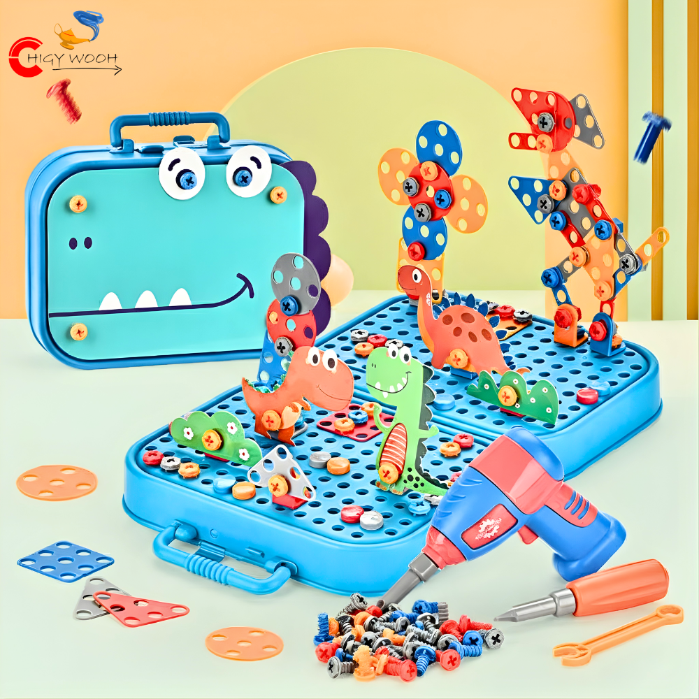 Kids Electric Drill Building Blocks Set with Dinosaur Storage Case