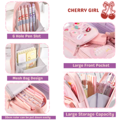 3-Layer Pink Pencil Pouch for Kids