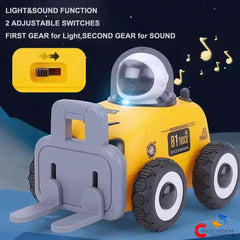 Remote Control Excavator RC Truck Construction Toy for Kids Space Theme with Dazzle Lights and Music 360° Rotation Rechargeable for Boys and Girls