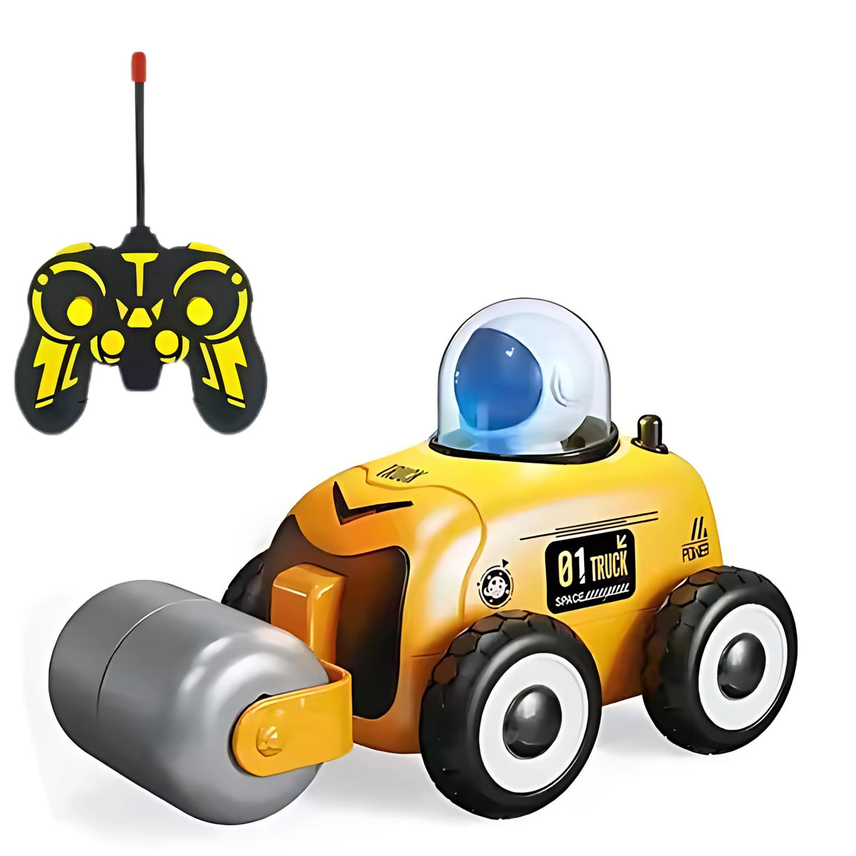 Remote Control Road Roller Construction Toy for Kids Space Theme with Dazzle Lights and Music 360° Rotation Rechargeable for Boys and Girls