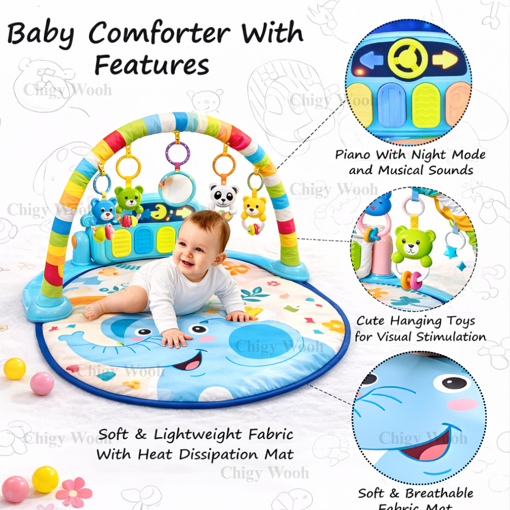 Elephant Play Gym Mat with Piano & Hanging Toys