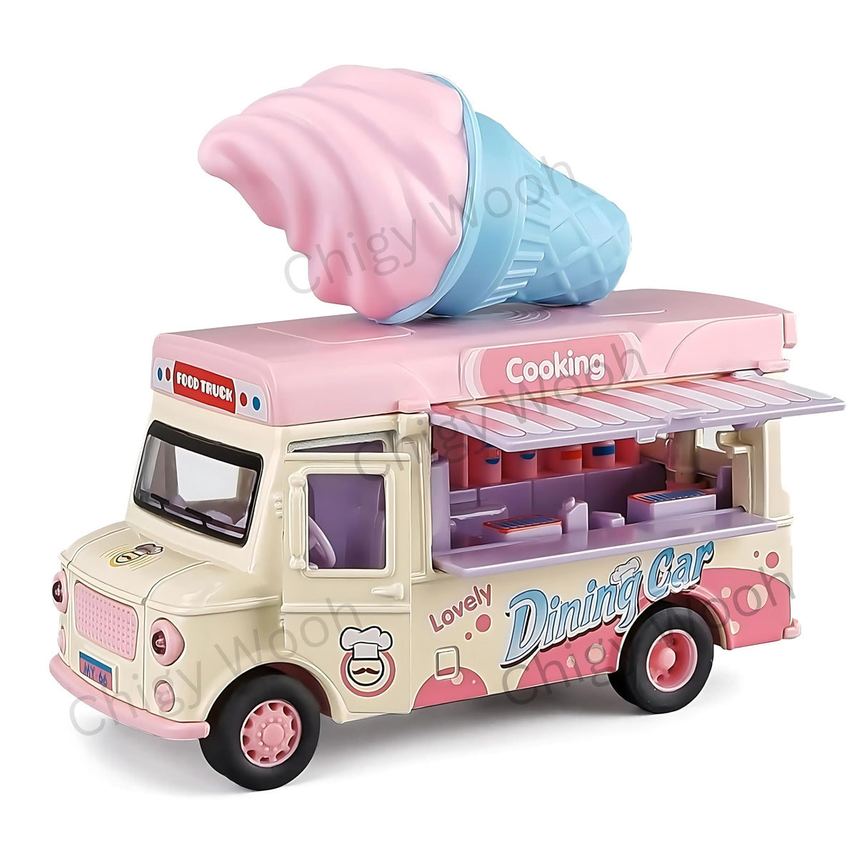 Ice Cream Truck Food Truck With Magnetic Induction Sound and Light Alloy Pull Back Die Cast Toy 1:36 Scale Pretend Play Toy for Toddlers Kids 3+