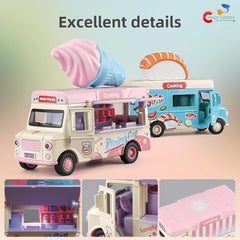 Ice Cream Truck Food Truck With Magnetic Induction Sound and Light Alloy Pull Back Die Cast Toy 1:36 Scale Pretend Play Toy for Toddlers Kids 3+