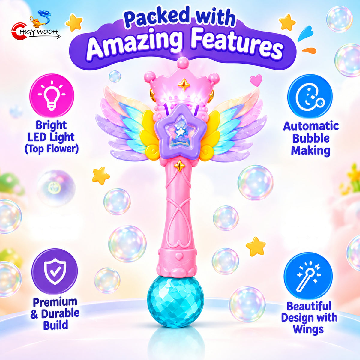 Magic Bubble Wand with LED Light & Wings